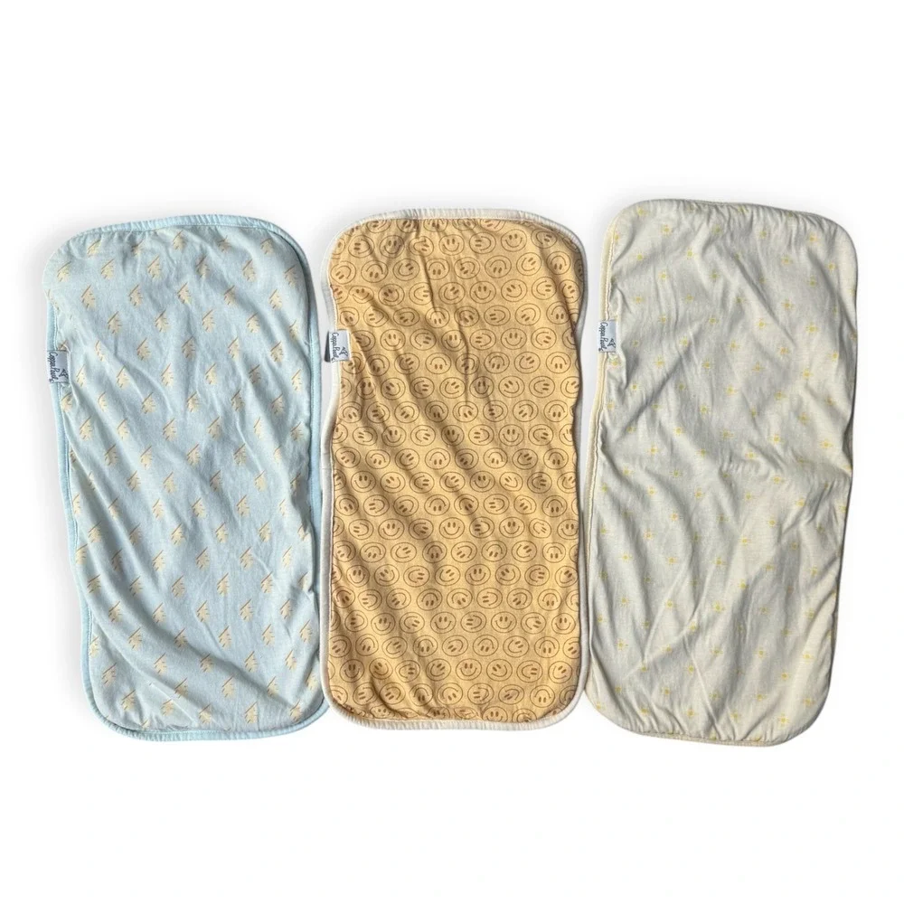 Copper Pearl Burp Cloth 3 Pack Smiley Face Sun Lightning Bolt Blue Yellow Cream